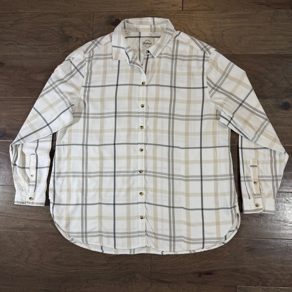 Jachs Girlfriend Womens XXL Plaid Button Down‎ Shirt Cream Tan Grey Side Pockets